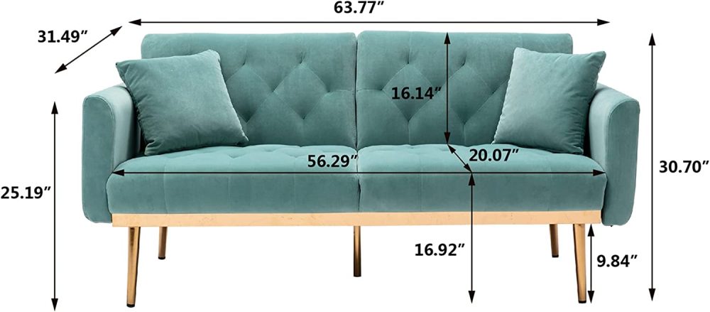 SZLIZCCC 63" Accent Sofa, Mid Century Modern Velvet Fabric Couch， Convertible Futon Sofa Bed ，Recliner Couch Accent Sofa Loveseat Sofa with Gold Metal Feet
