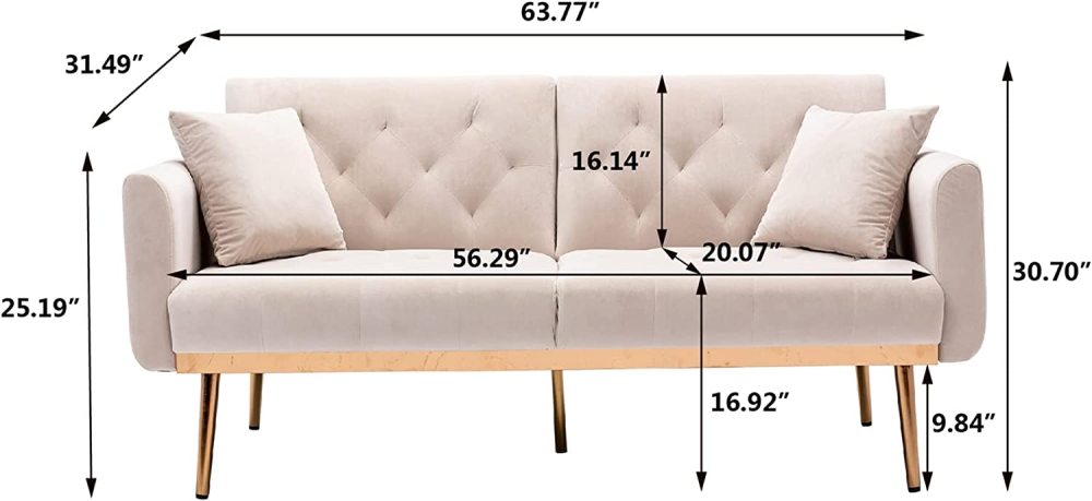 SZLIZCCC 63" Accent Sofa, Mid Century Modern Velvet Fabric Couch， Convertible Futon Sofa Bed ，Recliner Couch Accent Sofa Loveseat Sofa with Gold Metal Feet