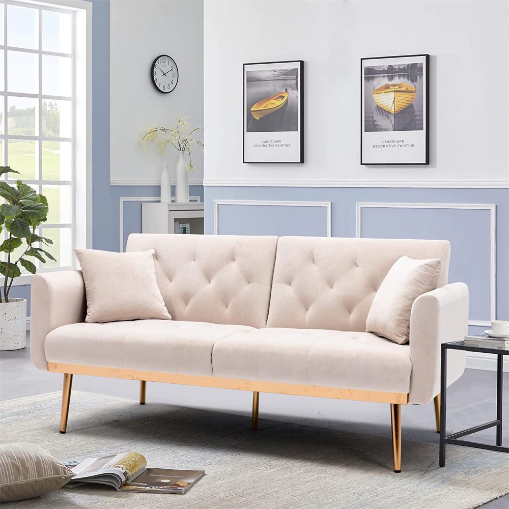 SZLIZCCC 63" Accent Sofa, Mid Century Modern Velvet Fabric Couch， Convertible Futon Sofa Bed ，Recliner Couch Accent Sofa Loveseat Sofa with Gold Metal Feet