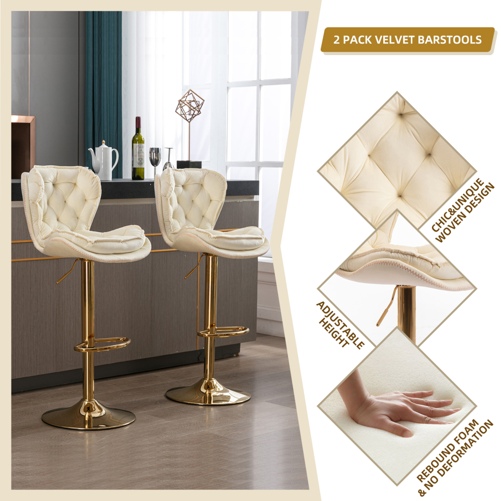 SZLIZCCC Set of 2 Bar Stools, Velvet Tufted Barstools Modern Adjustable Counter Height Bar Stools with Metal Ring Island Chairs Bar Chair for Pub Kitchen Cafe Dining Room