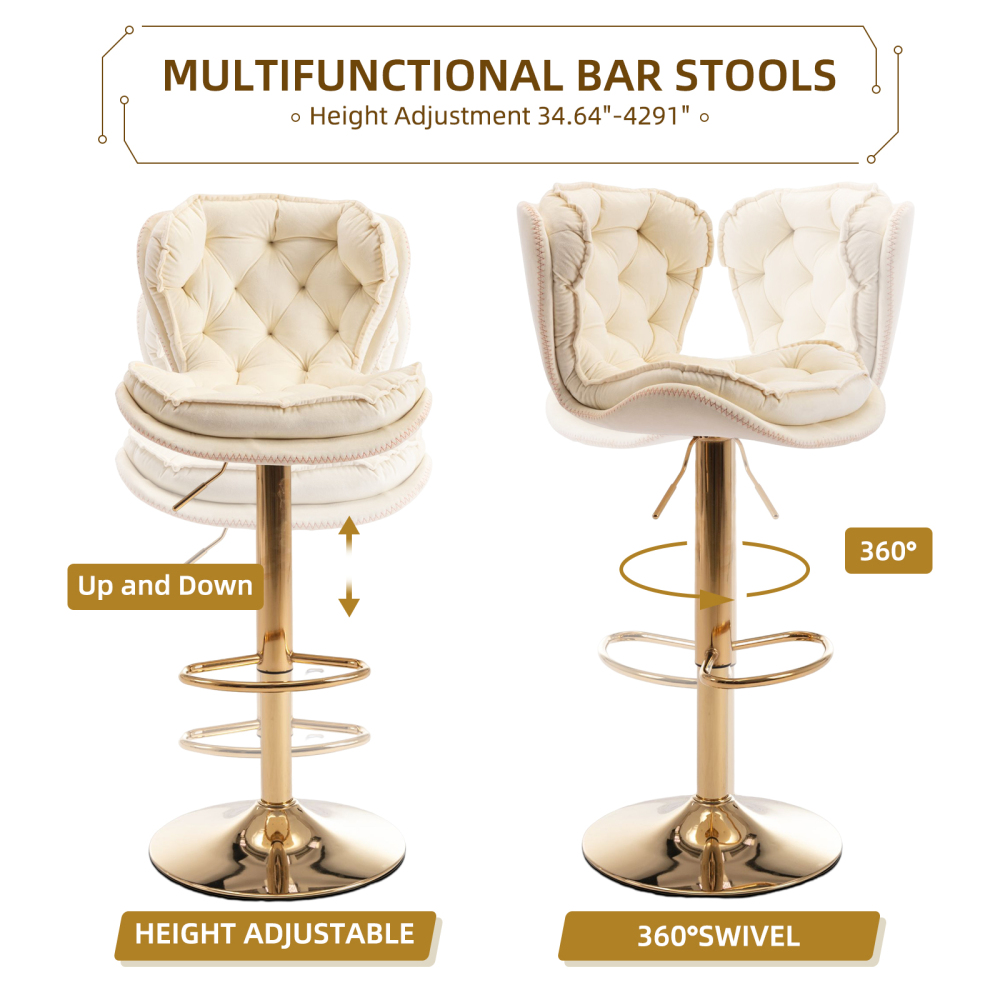 SZLIZCCC Set of 2 Bar Stools, Velvet Tufted Barstools Modern Adjustable Counter Height Bar Stools with Metal Ring Island Chairs Bar Chair for Pub Kitchen Cafe Dining Room