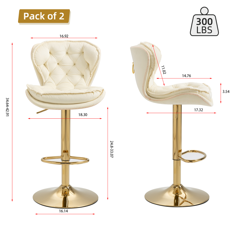 SZLIZCCC Set of 2 Bar Stools, Velvet Tufted Barstools Modern Adjustable Counter Height Bar Stools with Metal Ring Island Chairs Bar Chair for Pub Kitchen Cafe Dining Room