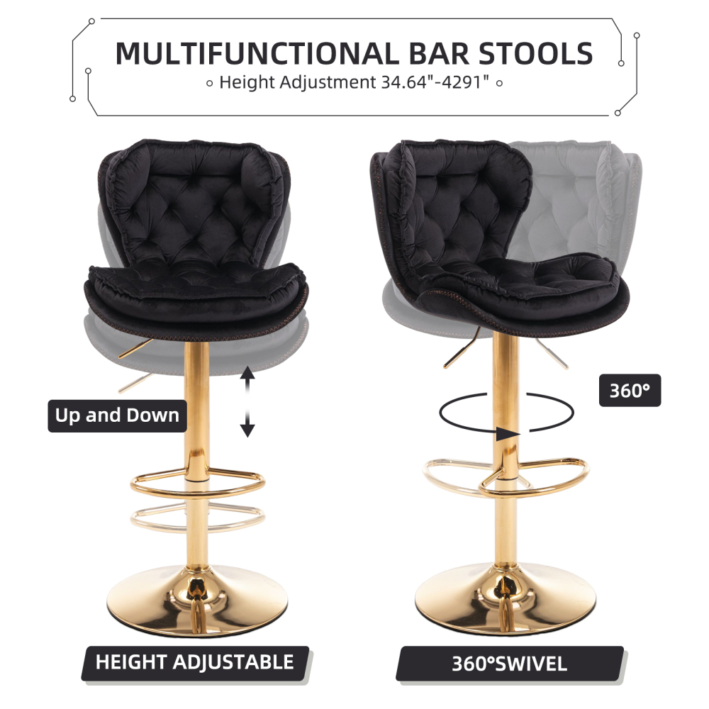 SZLIZCCC Set of 2 Bar Stools, Velvet Tufted Barstools Modern Adjustable Counter Height Bar Stools with Metal Ring Island Chairs Bar Chair for Pub Kitchen Cafe Dining Room