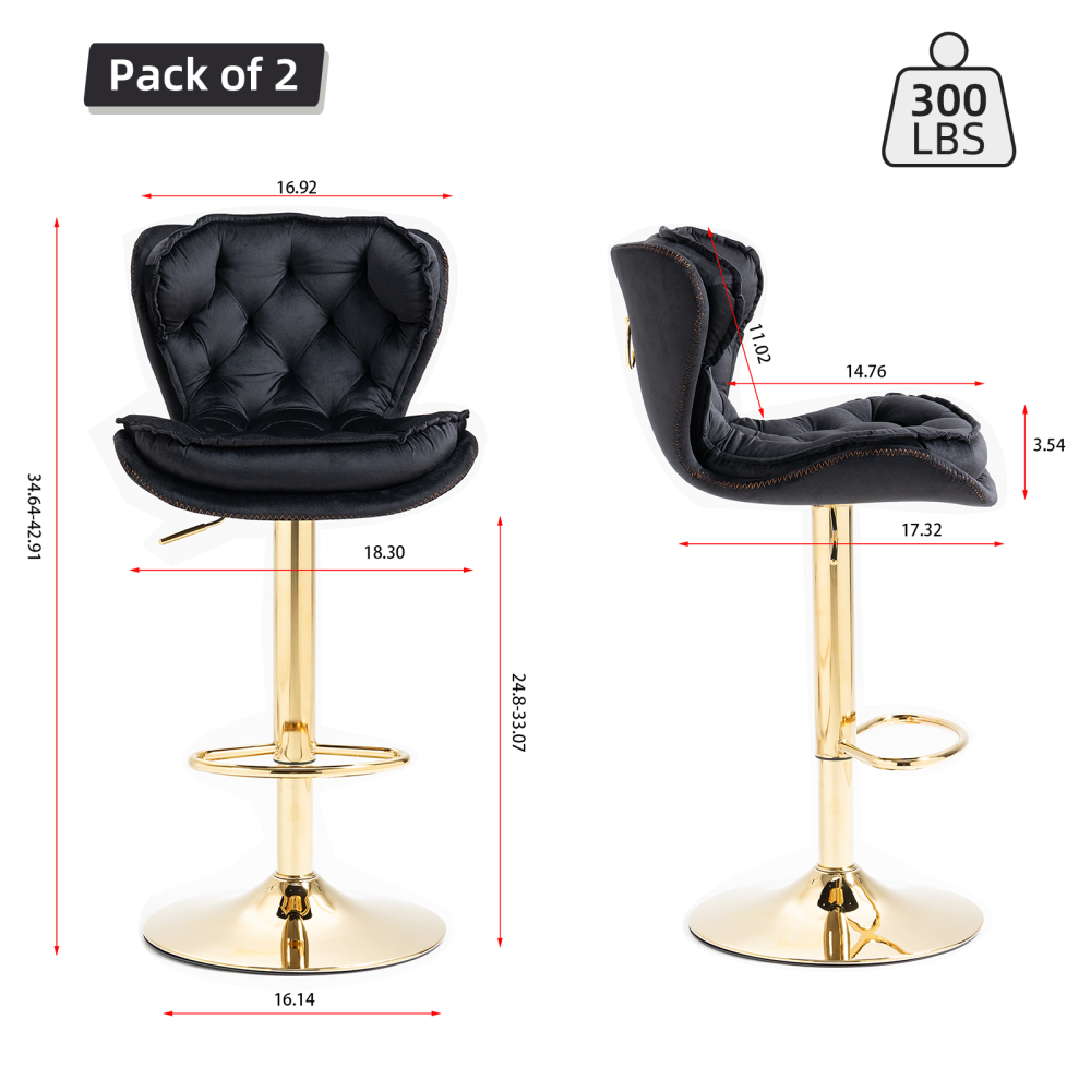 SZLIZCCC Set of 2 Bar Stools, Velvet Tufted Barstools Modern Adjustable Counter Height Bar Stools with Metal Ring Island Chairs Bar Chair for Pub Kitchen Cafe Dining Room