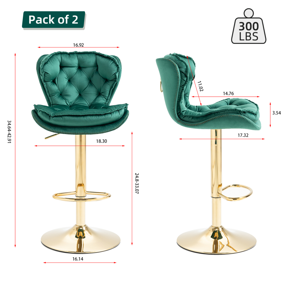 SZLIZCCC Set of 2 Bar Stools, Velvet Tufted Barstools Modern Adjustable Counter Height Bar Stools with Metal Ring Island Chairs Bar Chair for Pub Kitchen Cafe Dining Room