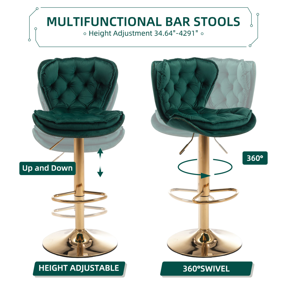 SZLIZCCC Set of 2 Bar Stools, Velvet Tufted Barstools Modern Adjustable Counter Height Bar Stools with Metal Ring Island Chairs Bar Chair for Pub Kitchen Cafe Dining Room