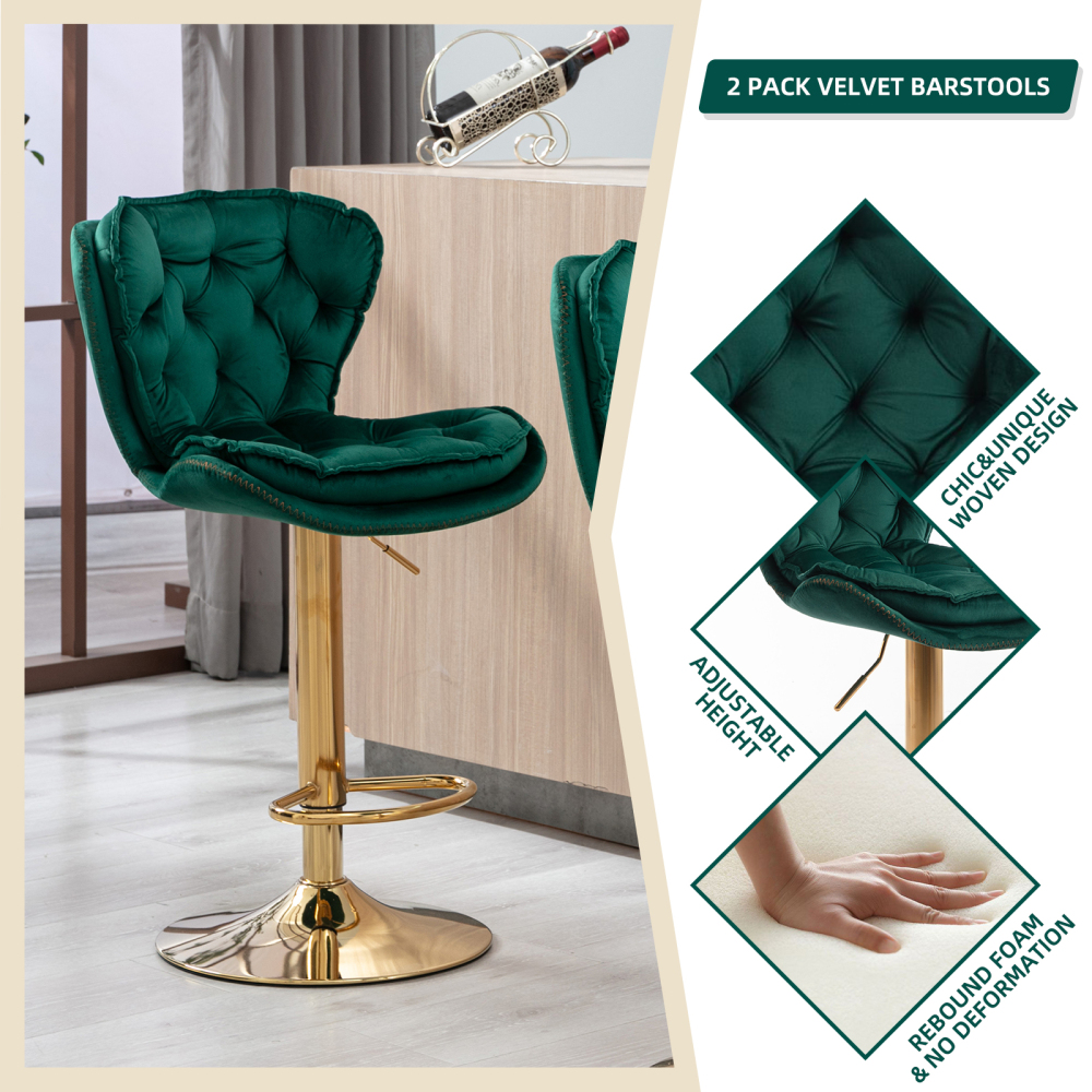SZLIZCCC Set of 2 Bar Stools, Velvet Tufted Barstools Modern Adjustable Counter Height Bar Stools with Metal Ring Island Chairs Bar Chair for Pub Kitchen Cafe Dining Room