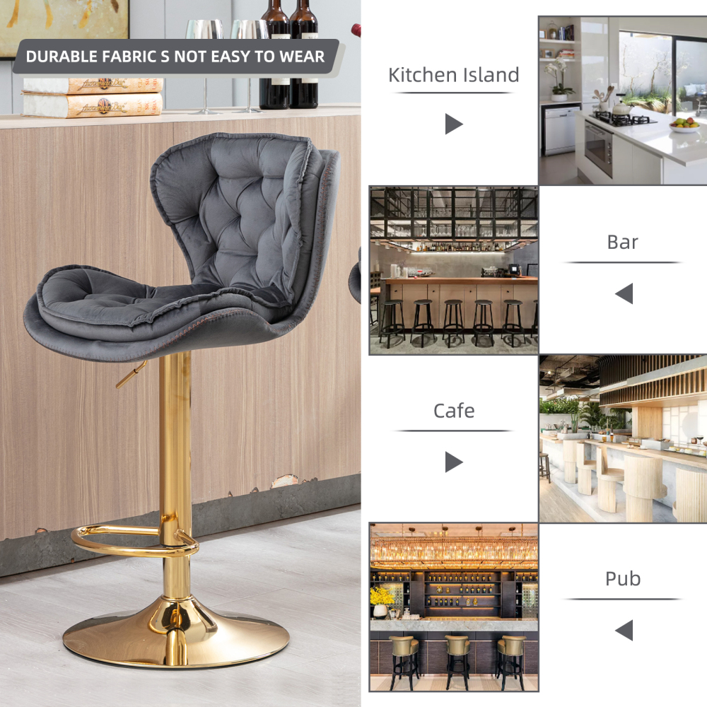 SZLIZCCC Set of 2 Bar Stools, Velvet Tufted Barstools Modern Adjustable Counter Height Bar Stools with Metal Ring Island Chairs Bar Chair for Pub Kitchen Cafe Dining Room