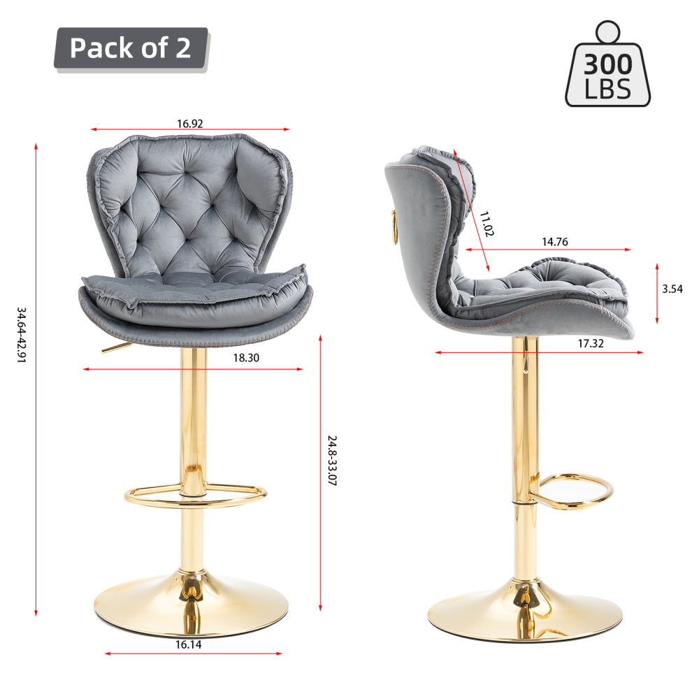 SZLIZCCC Set of 2 Bar Stools, Velvet Tufted Barstools Modern Adjustable Counter Height Bar Stools with Metal Ring Island Chairs Bar Chair for Pub Kitchen Cafe Dining Room