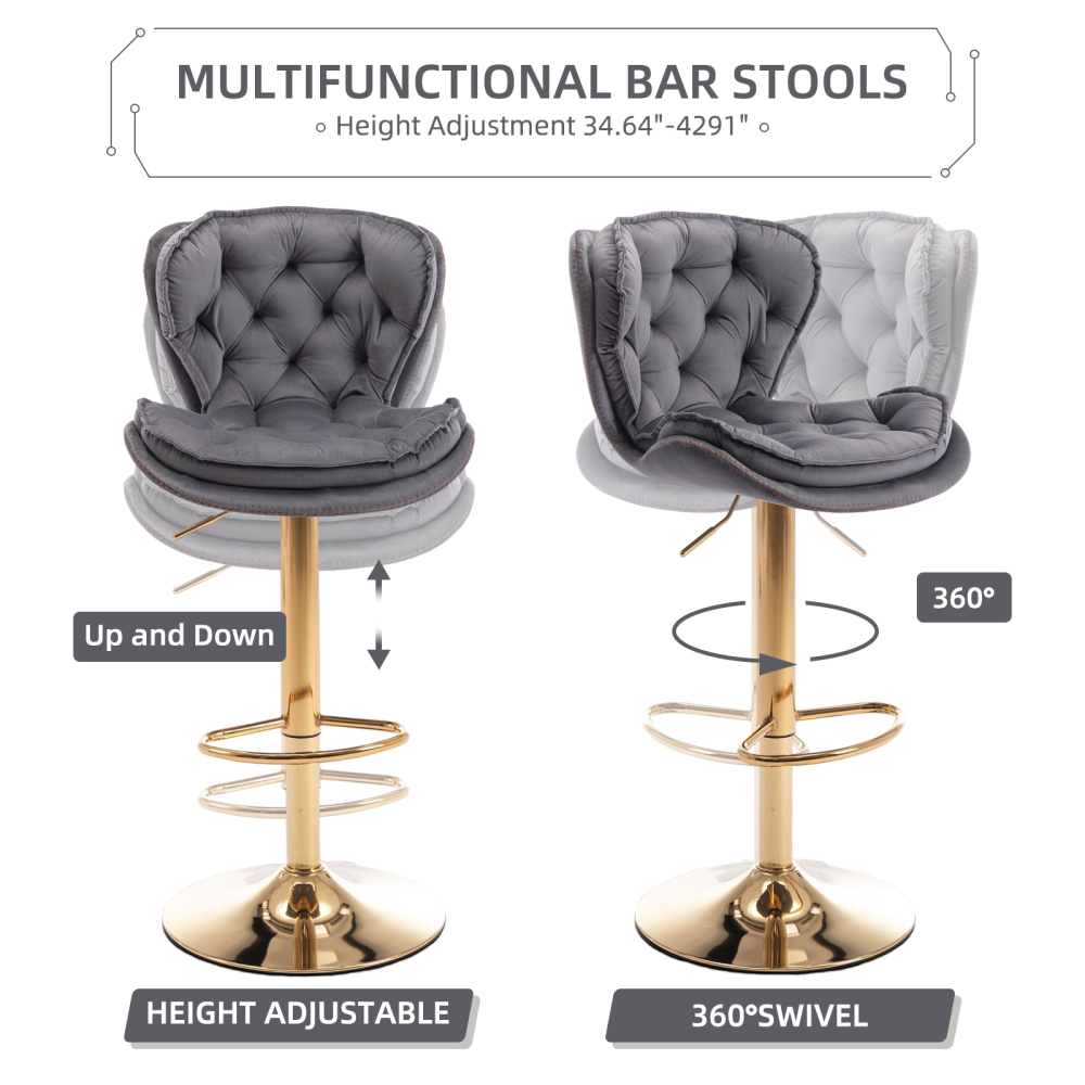 SZLIZCCC Set of 2 Bar Stools, Velvet Tufted Barstools Modern Adjustable Counter Height Bar Stools with Metal Ring Island Chairs Bar Chair for Pub Kitchen Cafe Dining Room