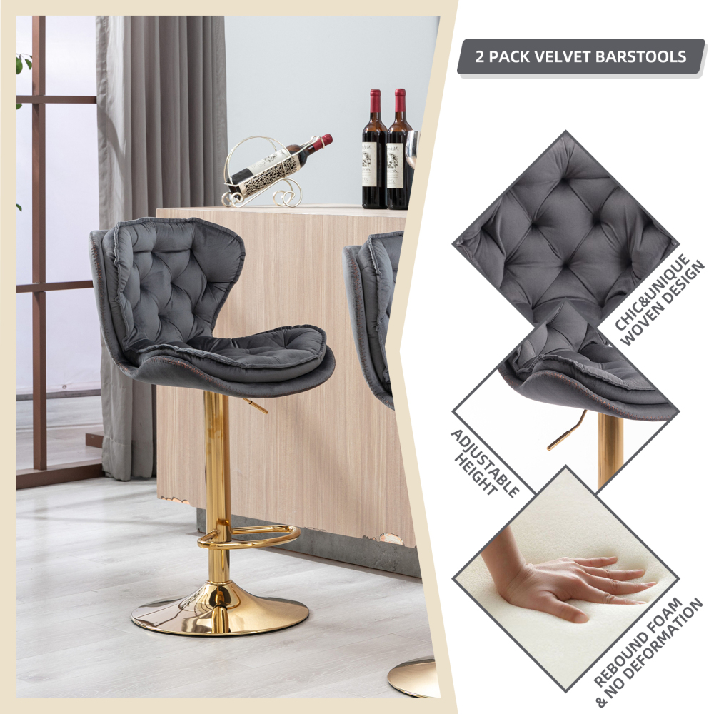 SZLIZCCC Set of 2 Bar Stools, Velvet Tufted Barstools Modern Adjustable Counter Height Bar Stools with Metal Ring Island Chairs Bar Chair for Pub Kitchen Cafe Dining Room