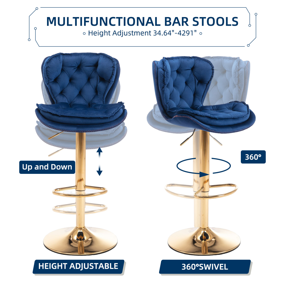 Set of 2 Bar Stools, Velvet Tufted Barstools Modern Adjustable Counter Height Bar Stools with Metal Ring Island Chairs Bar Chair for Pub Kitchen Cafe Dining Room