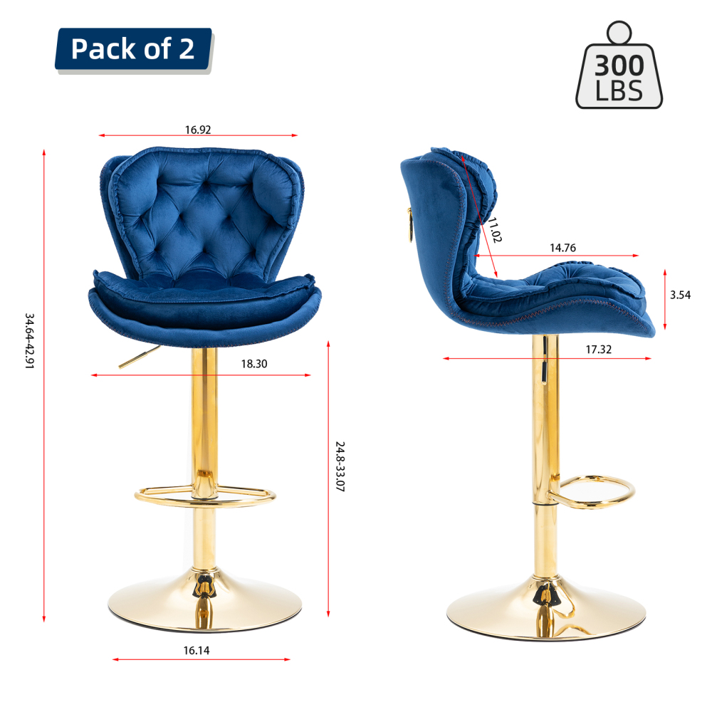 SZLIZCCC Set of 2 Bar Stools, Velvet Tufted Barstools Modern Adjustable Counter Height Bar Stools with Metal Ring Island Chairs Bar Chair for Pub Kitchen Cafe Dining Room
