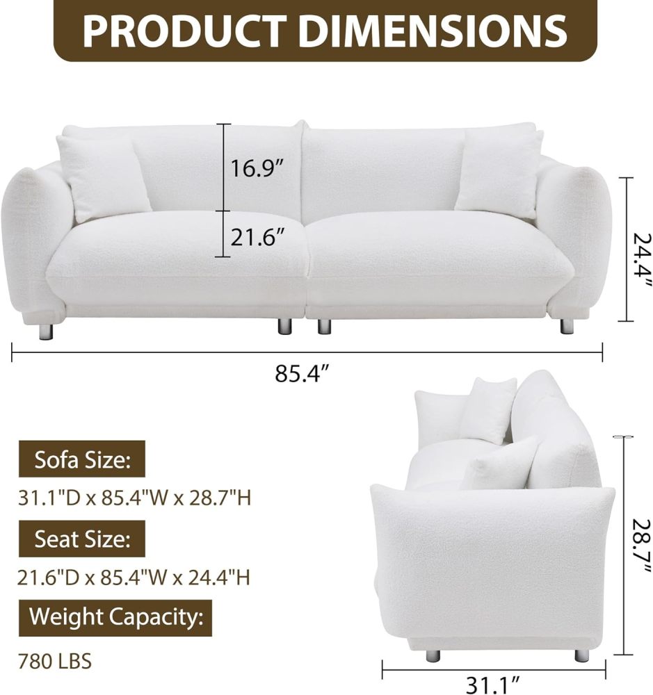 SZLIZCCC Sofa Couch for Living Room, 87.4 Inch Modern Upholstered Couch, Teddy Velvet Tufted Sofa, 3 Seat Sofa Big Comfy Couch Sofas for Livingroom, Comfy Couch Sofas for Office (White 85.4” sofa)