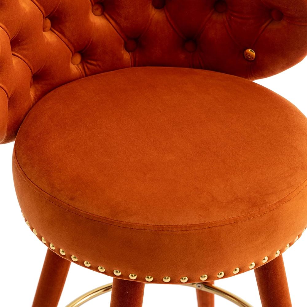 SZLIZCCC Orange Velvet Bar Stool Set of 2 with Ring Pull Trim and Button Back Swivel, Fixed Height 360 Degrees, Modern Counter Height