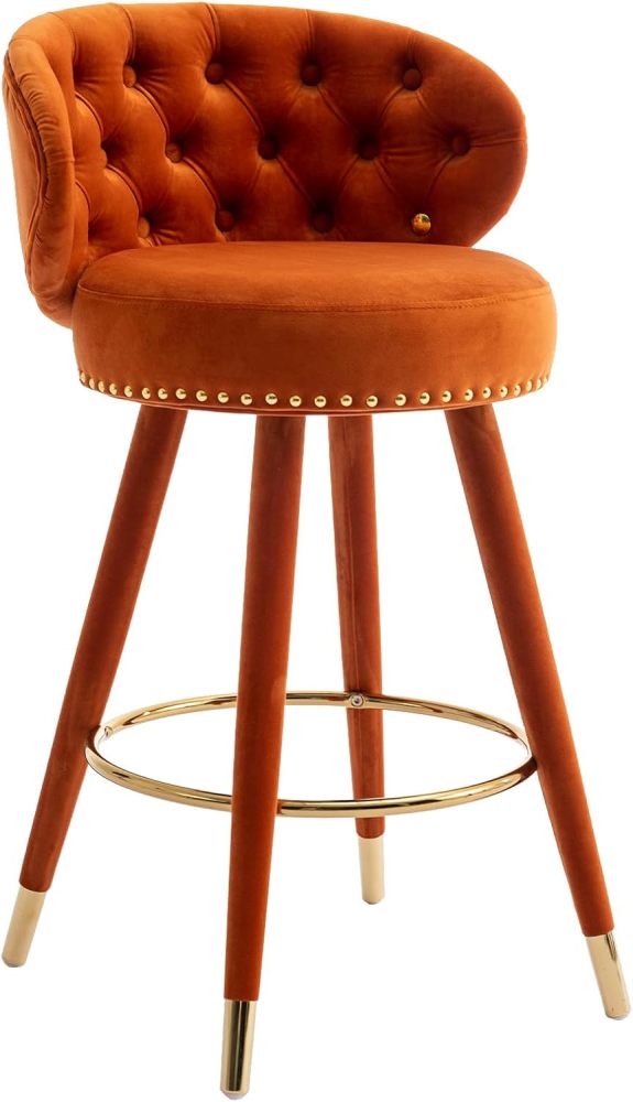 SZLIZCCC Orange Velvet Bar Stool Set of 2 with Ring Pull Trim and Button Back Swivel, Fixed Height 360 Degrees, Modern Counter Height