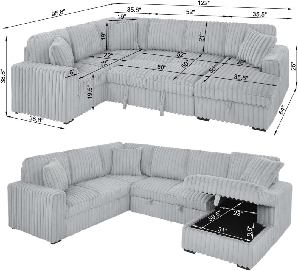 THSUPER 122-Inch Oversized Sectional Sleeper Sofa with Pull Out Bed and Storage Chaise Lounge for Living Room, Plush Extra Soft Corduroy U Shaped 6 Seat Sectional Sofa Bed Couch with USB Port - Gray