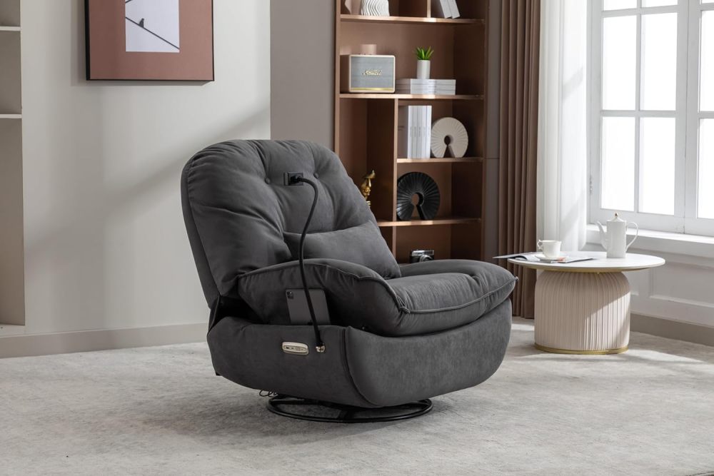 SZLIZCCC Power Recliner Chair Swivel Glider, 270°Swivel Rocker Recliner Nursery Glider Rocking Chair Tufted Chair w/USB Ports, Hidden Arm Storage & Mobile Phone Holder for Room (Grey Fabric)