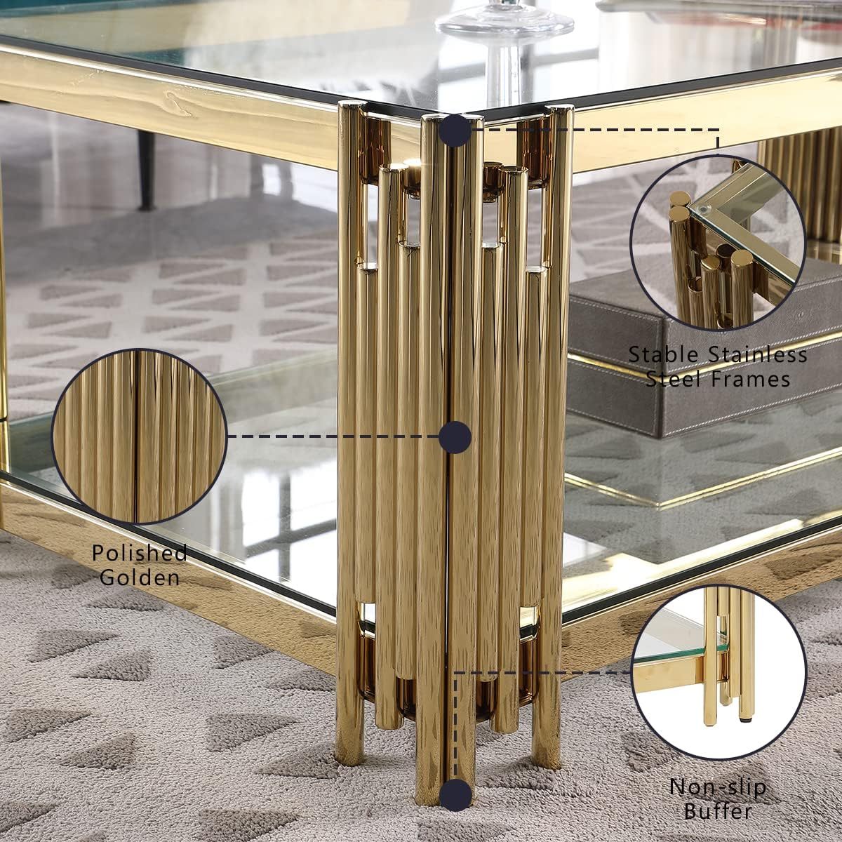 20" Square Coffee Table, Modern Sofa Side Table, Glass Top, Gold Stainless Steel Double Living Room Coffee Table (20 Inch Polished Gold) Suitable for Living Room