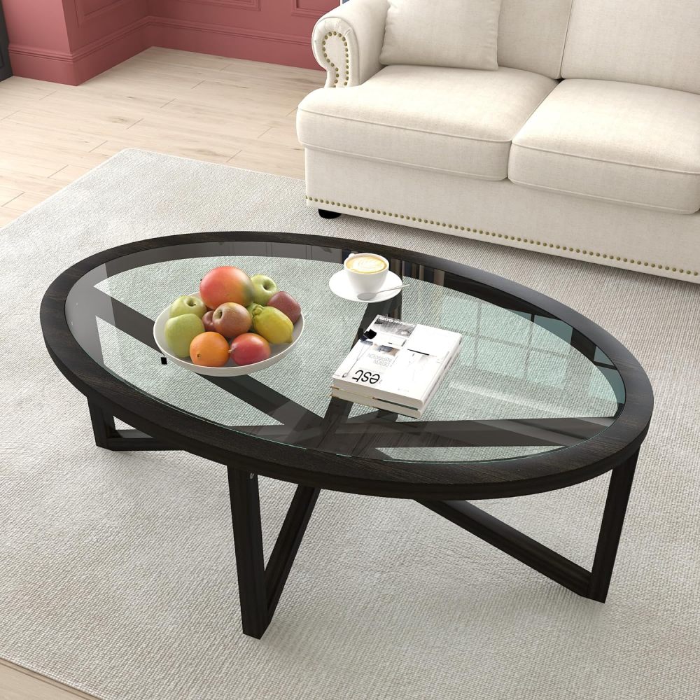 Glass Coffee Table, Wood Coffee Tables for Living Room, 46.4'' Modern Oval Coffee Table, Modern Side Table Living Room Furniture, Mid Century with Tempered Glass Top (46.5''Oval)