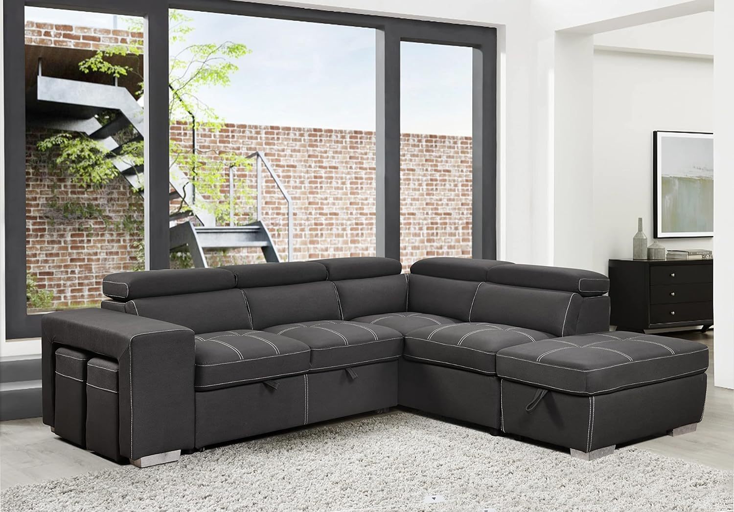 THSUPER 104'' Microfiber Sectional Sleeper Sofa with Pull-Out Bed, Chaise & Storage Ottoman. 5 Seater L-Shaped Couch with Adjustable Headrest and Stools. Perfect for Living Room. Grey Color.