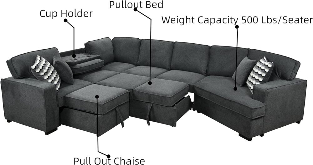 THSUPER 146'' Oversized Sectional Sleeper Sofa with Chaise Lounge and 2 Pull-Out Bed, 7-Seater U-Shaped Sectional Couches with Cuddler and 2 Cup Holders for Living Room - Belfast Fabric Dark Grey