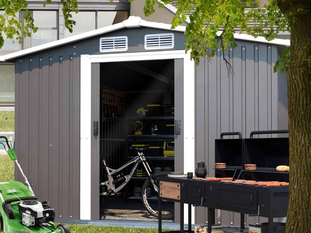 SZLIZCCC 10 'X 8' Metal Outdoor Storage Shed with Locked Doors and Vents, Waterproof Metal Garden Shed, Exterior Galvanized Steel Tool Shed, Backyard Patio, Lawn (Grey + Metal)