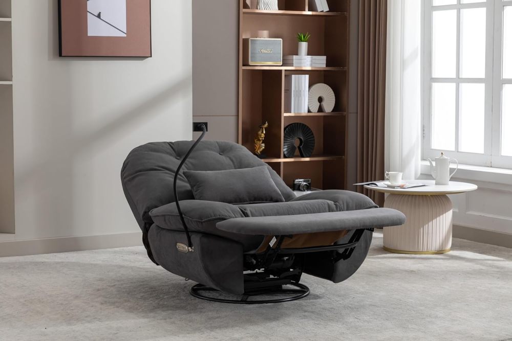 SZLIZCCC Power Recliner Chair Swivel Glider, 270°Swivel Rocker Recliner Nursery Glider Rocking Chair Tufted Chair w/USB Ports, Hidden Arm Storage & Mobile Phone Holder for Room (Grey Fabric)