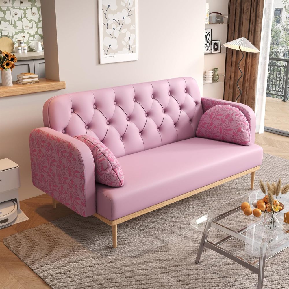 SZLIZCCC 56-Inch Faux Leathers Accent Loveseat Chair, Small Sofa Chair,Modern Low-Key Luxury Loveseat Chair, Armrests and Pillows with Branch Jacquard Pattern (PU Pink)