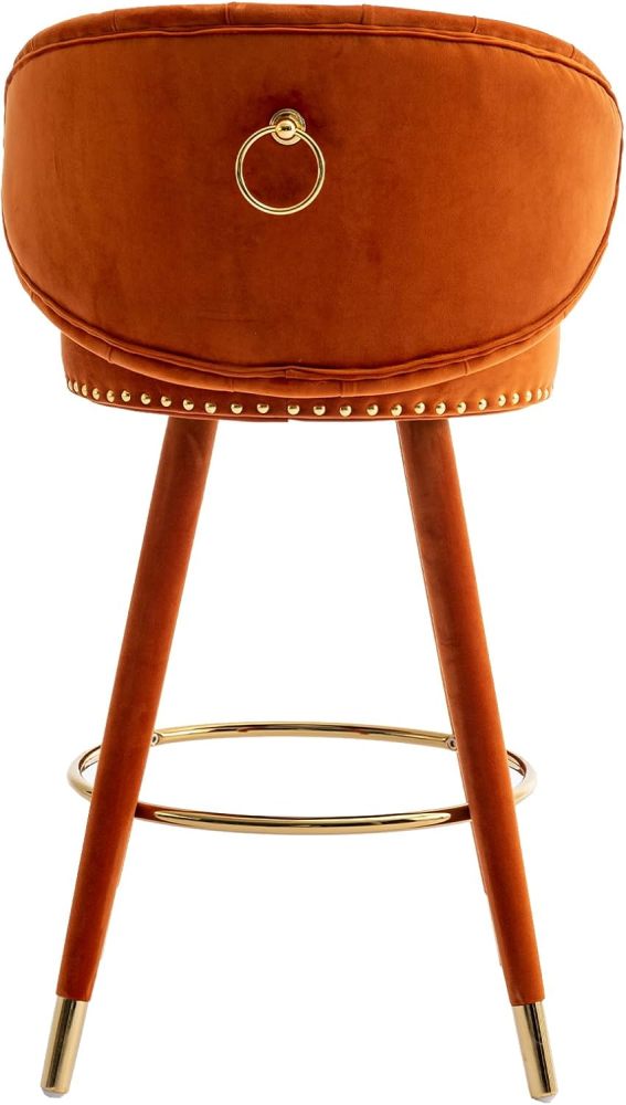 SZLIZCCC Orange Velvet Bar Stool Set of 2 with Ring Pull Trim and Button Back Swivel, Fixed Height 360 Degrees, Modern Counter Height