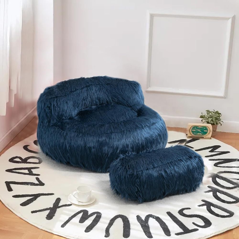 Large Shag Fur Bean Bag Chair With Ottoman, Soft Faux Plush Bean Bag Sofa, Lazy Susans for Living Room ,Apartment,Bedroom ,Modern Accent Chair Soft Fluffy Faux Fur Bean Bag Lazy Sofa Bed (Navy Blue)