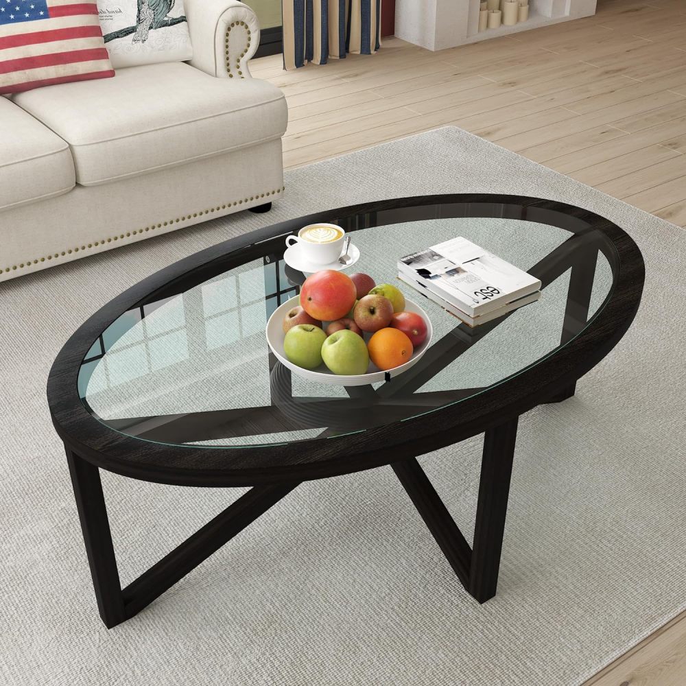 Glass Coffee Table, Wood Coffee Tables for Living Room, 46.4'' Modern Oval Coffee Table, Modern Side Table Living Room Furniture, Mid Century with Tempered Glass Top (46.5''Oval)