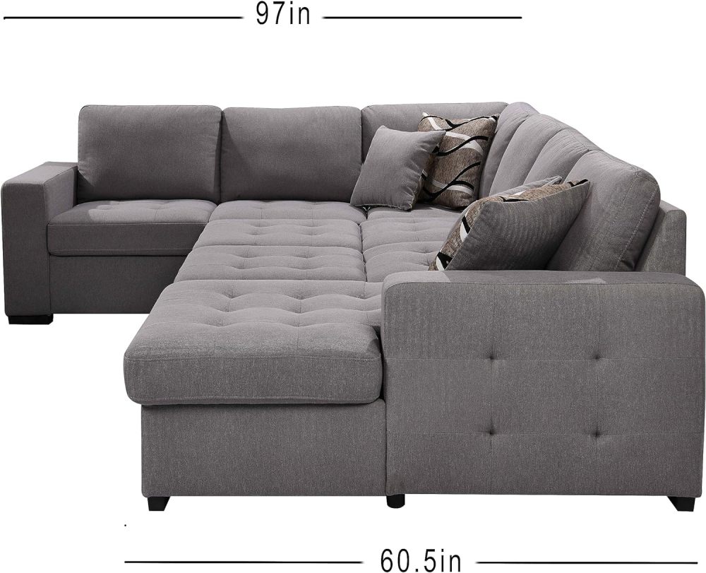 THSUPER Sectional Sleeper Sofa Bed with Storage Chaise, U Shape Oversized Sectional Couch with Pull Out Bed for Living Room Gray, 6 Seater Gray