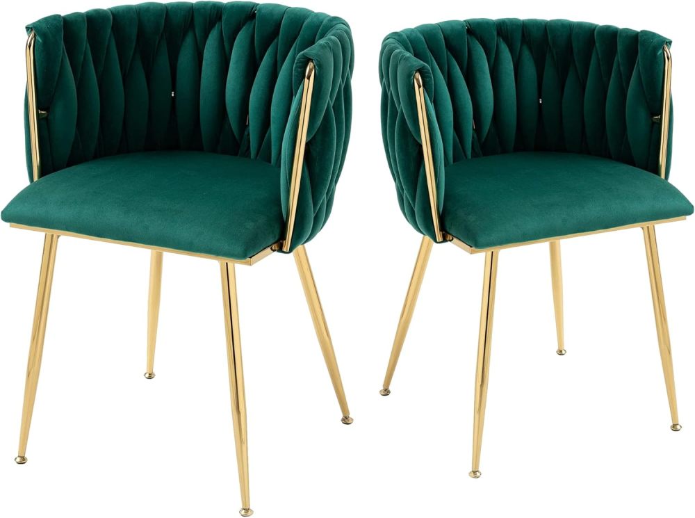 SZLIZCCC Modern Velvet Dining Chair, Curved Mid Back Support Living Room Chair, Woven Trim Gold Frame Trim Chaipholr, Ustered Club Chair， for Dining Room, Kitchen, Dressing (Emerald set of 2)