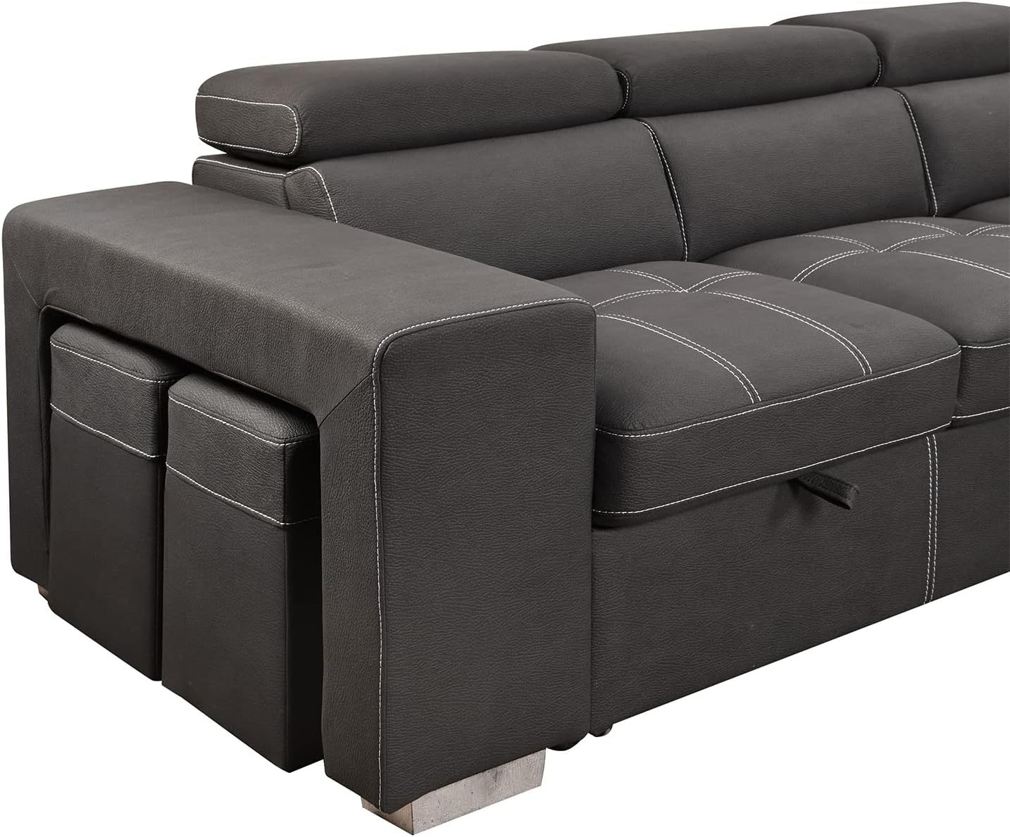 THSUPER 104'' Microfiber Sectional Sleeper Sofa with Pull-Out Bed, Chaise & Storage Ottoman. 5 Seater L-Shaped Couch with Adjustable Headrest and Stools. Perfect for Living Room. Grey Color.