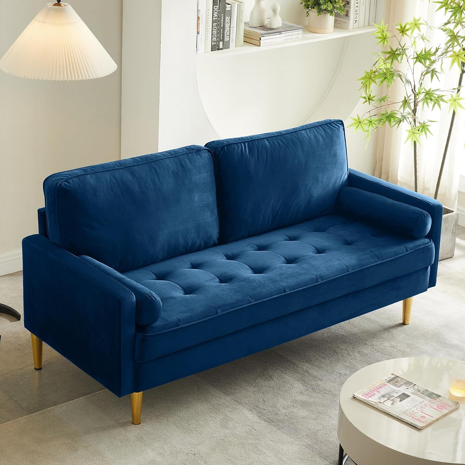 67" Modern Velvet Loveseat Sofa Couch, Mid-Century Tufted Upholstered Small Love Seat Couch with 2 Pillows & 4 Golden Legs, 2-Seats Couches for Compact Space, Living Room, Apartment