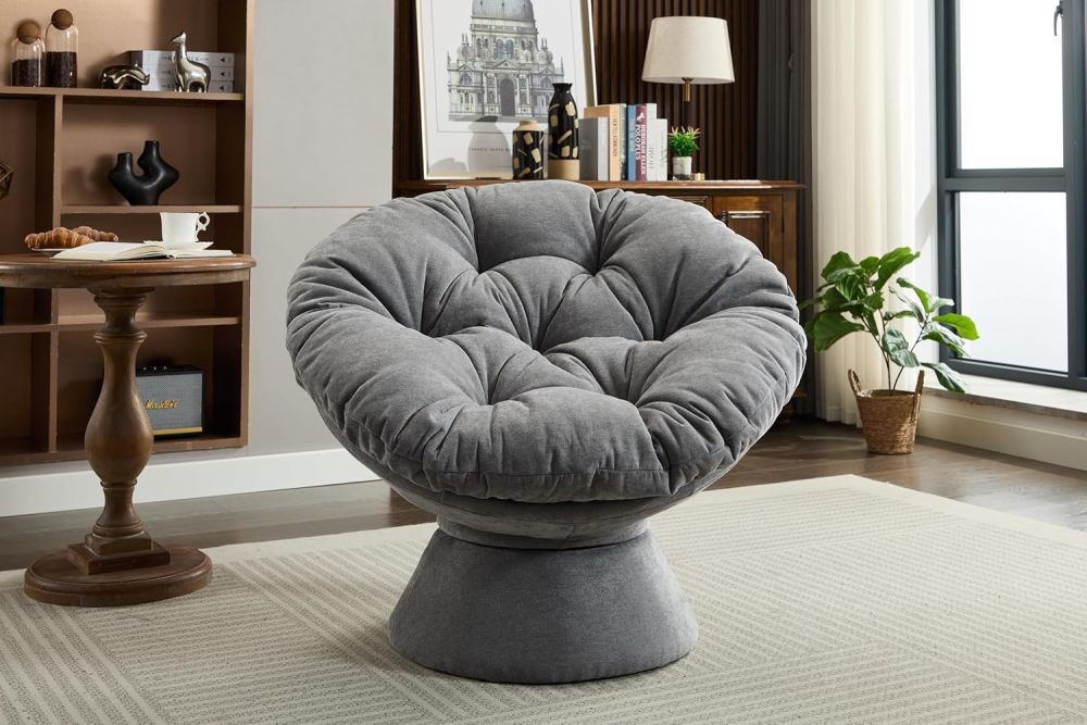 SZLIZCCC Oversized Papasan Chair, Chenille 360° Swivel Living Room Chair Lounge Chair with Soft Thick Cushion & Sturdy Base, Modern Upholstered Barrel Chair Lazy Chair for Bedroom (Dark Grey)