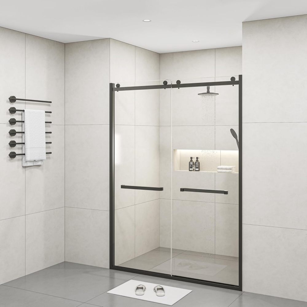 SZLIZCCC Semi-Frameless Sliding Shower Door, 60" W x 76" H Shower Glass Door Bathtub Shower Door with 3/8"(10mm) Clear Tempered Glass, Rectangle Shower, Brushed Nickel (Semi-Frameless Double)