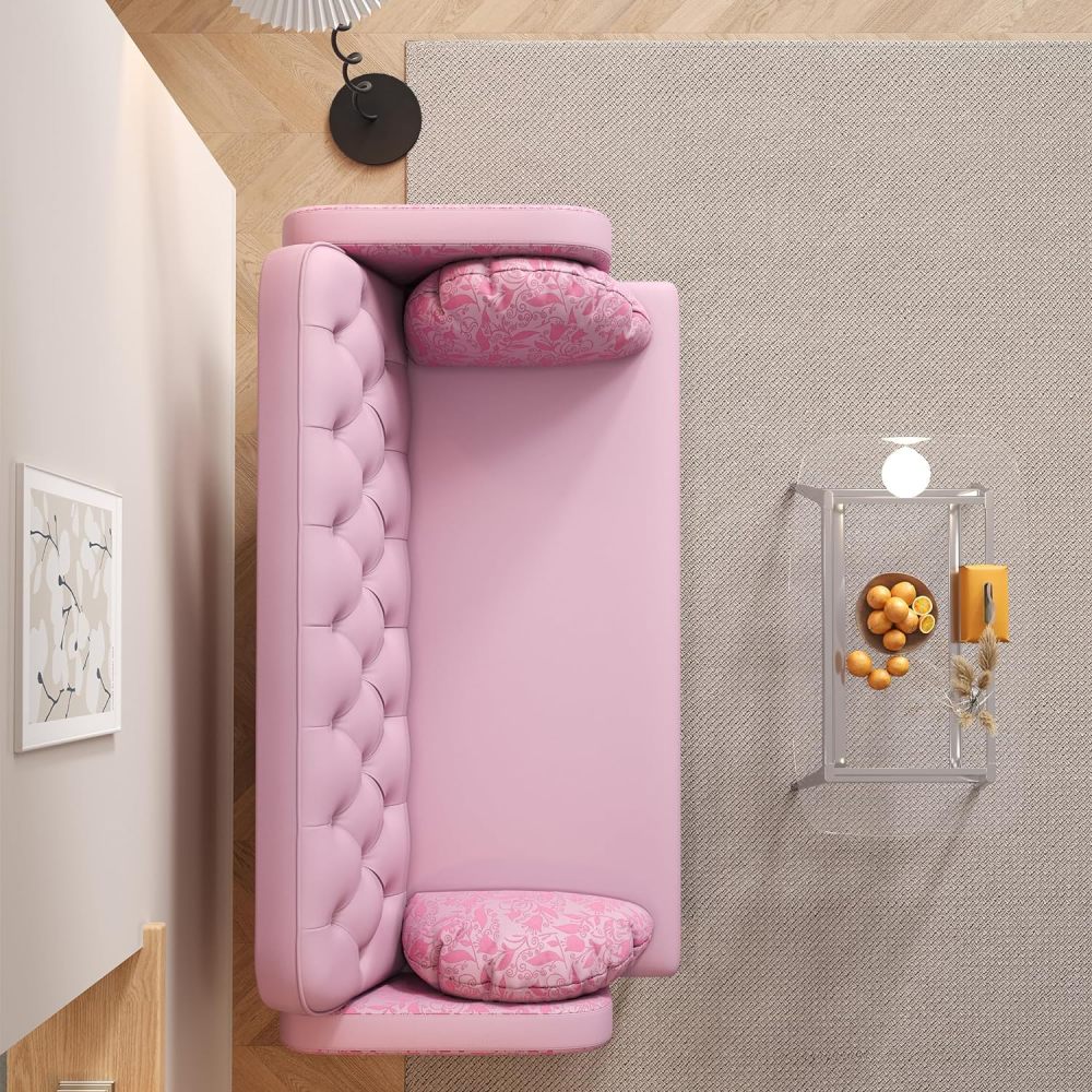 SZLIZCCC 56-Inch Faux Leathers Accent Loveseat Chair, Small Sofa Chair,Modern Low-Key Luxury Loveseat Chair, Armrests and Pillows with Branch Jacquard Pattern (PU Pink)