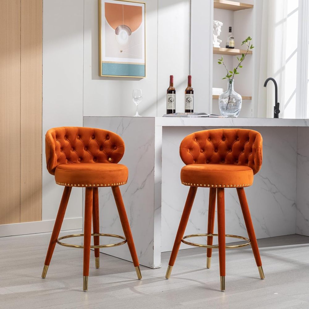 SZLIZCCC Orange Velvet Bar Stool Set of 2 with Ring Pull Trim and Button Back Swivel, Fixed Height 360 Degrees, Modern Counter Height