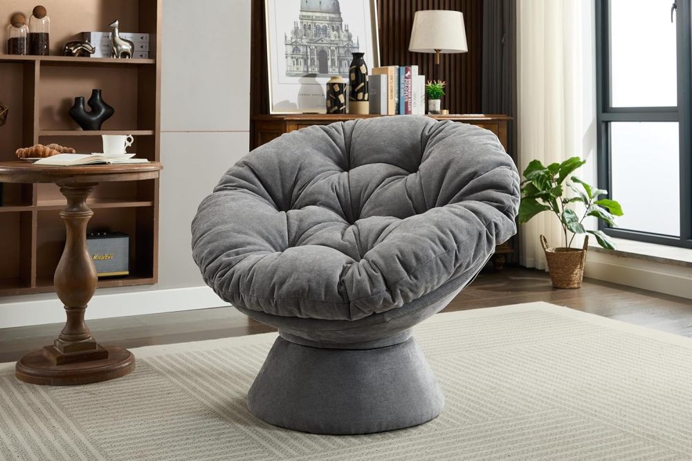 SZLIZCCC Oversized Papasan Chair, Chenille 360° Swivel Living Room Chair Lounge Chair with Soft Thick Cushion & Sturdy Base, Modern Upholstered Barrel Chair Lazy Chair for Bedroom (Dark Grey)