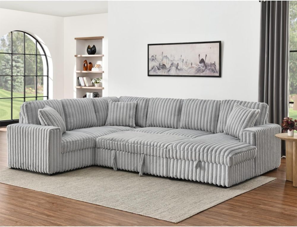 THSUPER 122-Inch Oversized Sectional Sleeper Sofa with Pull Out Bed and Storage Chaise Lounge for Living Room, Plush Extra Soft Corduroy U Shaped 6 Seat Sectional Sofa Bed Couch with USB Port - Gray