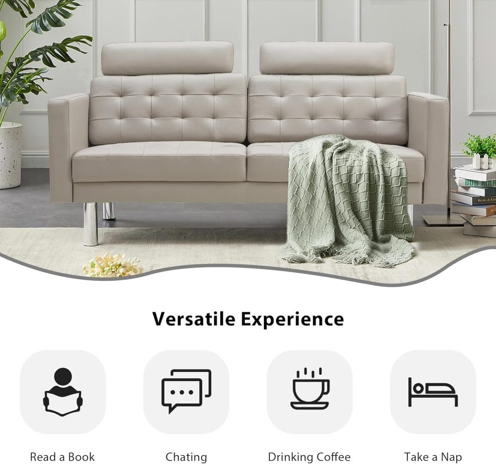 SZLIZCCC 72'' Top Grain Genuine Sofa Couch, Upholstered Leather loveseat Sofas Modern Leather Couch Tufted Sofa with Metal Legs & Wide Backrest, Two Seater Couch for Bedroom,Apartment (Beige)