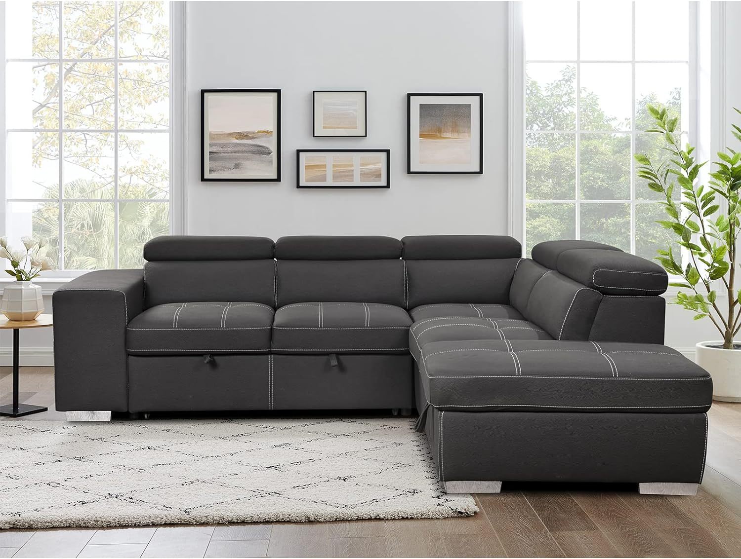 THSUPER 104'' Microfiber Sectional Sleeper Sofa with Pull-Out Bed, Chaise & Storage Ottoman. 5 Seater L-Shaped Couch with Adjustable Headrest and Stools. Perfect for Living Room. Grey Color.