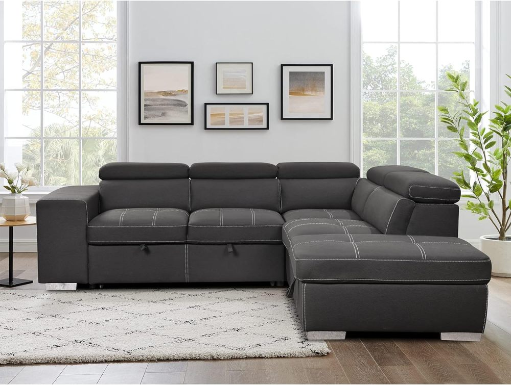THSUPER 104'' Microfiber Sectional Sleeper Sofa with Pull-Out Bed, Chaise & Storage Ottoman. 5 Seater L-Shaped Couch with Adjustable Headrest and Stools. Perfect for Living Room. Grey Color.