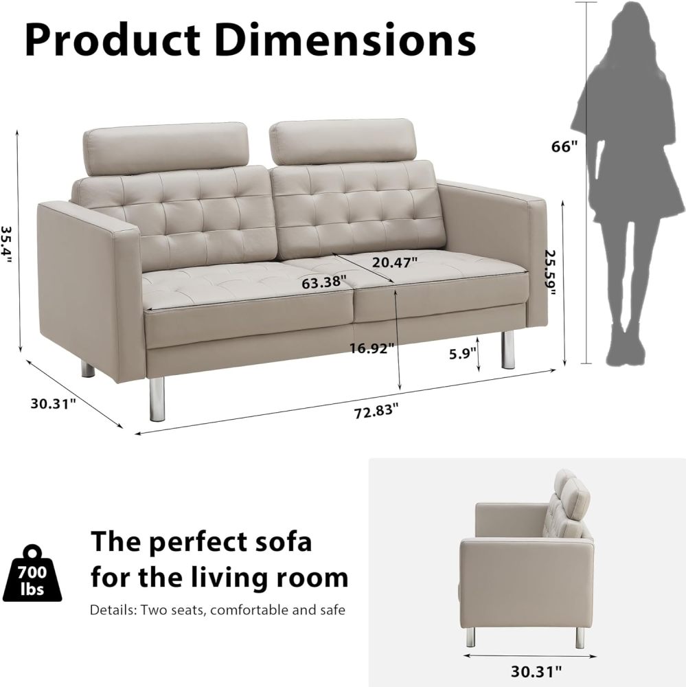 SZLIZCCC 72'' Top Grain Genuine Sofa Couch, Upholstered Leather loveseat Sofas Modern Leather Couch Tufted Sofa with Metal Legs & Wide Backrest, Two Seater Couch for Bedroom,Apartment (Beige)