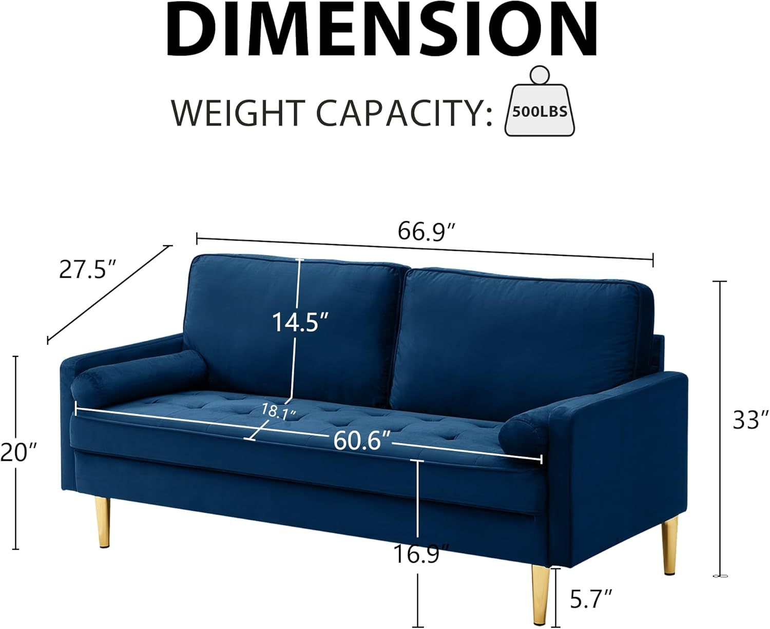 SZLIZCCC 67" LoveSeat Sofa, Love Seat Couch, Mid Century Modern Couchs Velvet Fabric Pull Dot Design Sofas with Two Round Pillows for Small Spaces, Living Room, Dorm, Bedroom, Apartment (67 Navy)