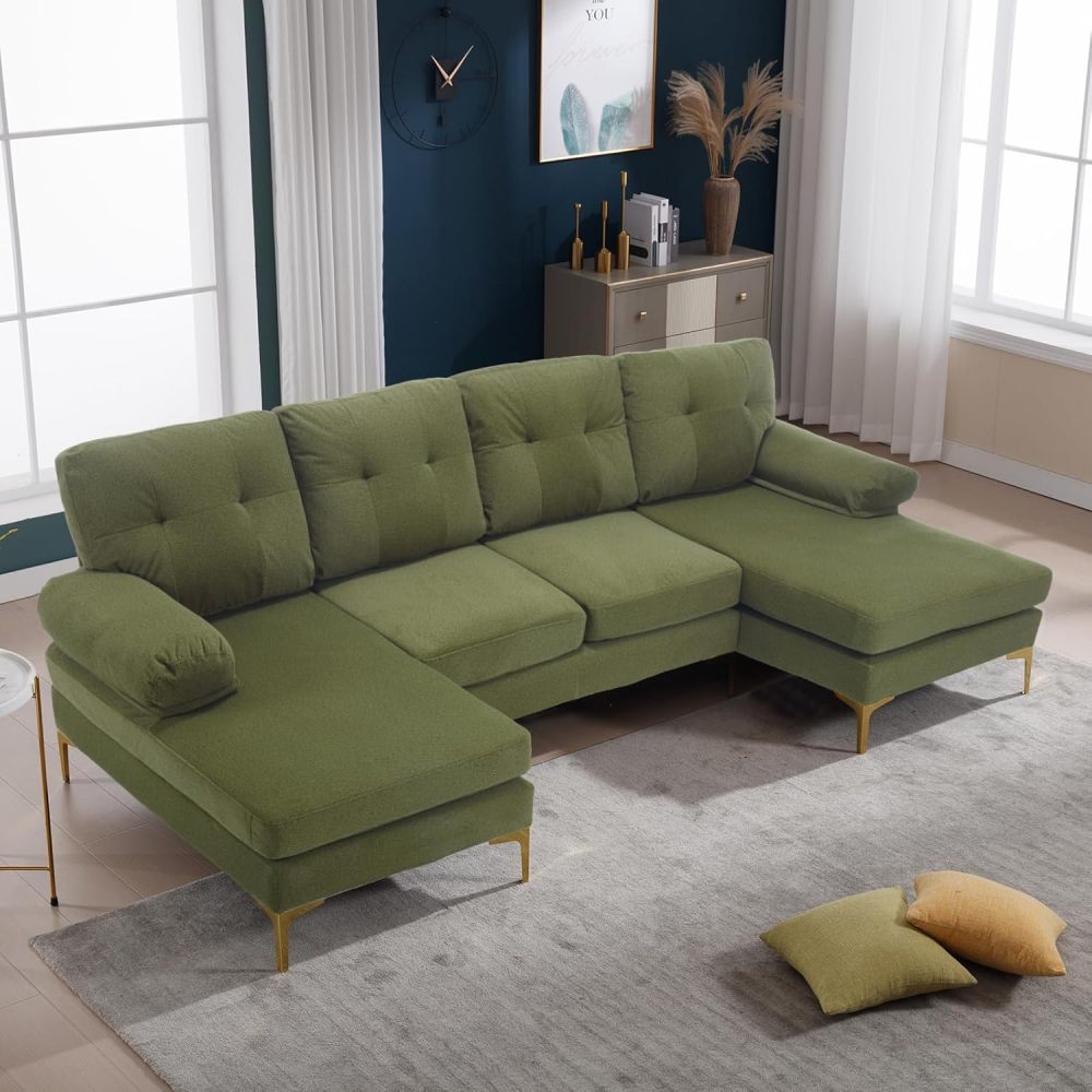 SZLIZCCC Modern sectional Sofa, Living Room U-Shaped 4-Seater Sofa Set with Double Chaise Longue for Small Spaces (106" U Green)