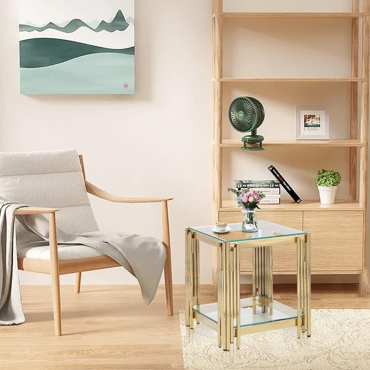 20" Square Coffee Table, Modern Sofa Side Table, Glass Top, Gold Stainless Steel Double Living Room Coffee Table (20 Inch Polished Gold) Suitable for Living Room