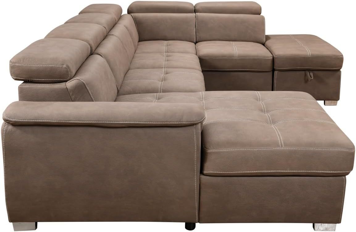 THSUPER 127'' U-Shaped Sectional Sofa with Pull-Out Bed, Adjustable Headrests and Storage Chaise, Microfiber Upholstered 7-Seater Oversized Sectional Sleeper Couch with Ottoman for Living Room. Brown